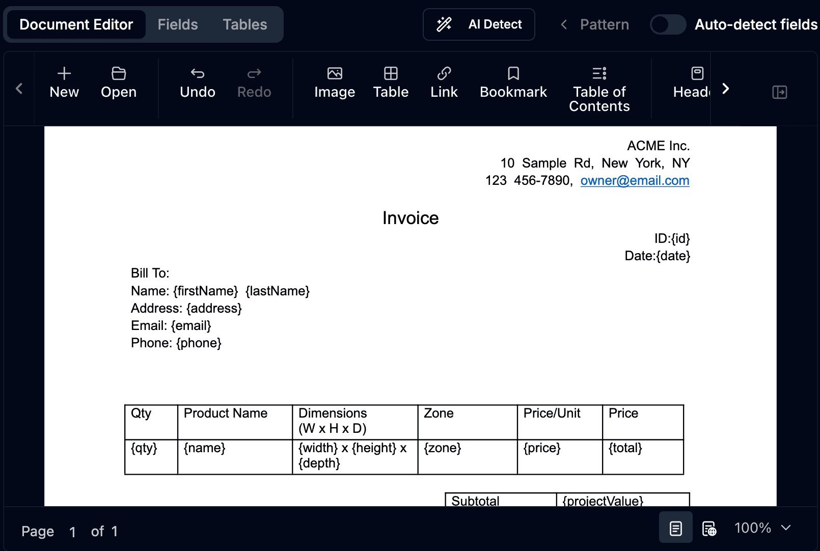 Template creation with variables